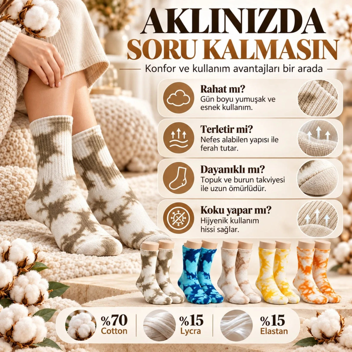 Unisex Batik Desenli Çorap 10'lu Set Pamuklu Renkli Uzun Soket Dikişsiz Nefes Alan Günlük Spor Çorabı