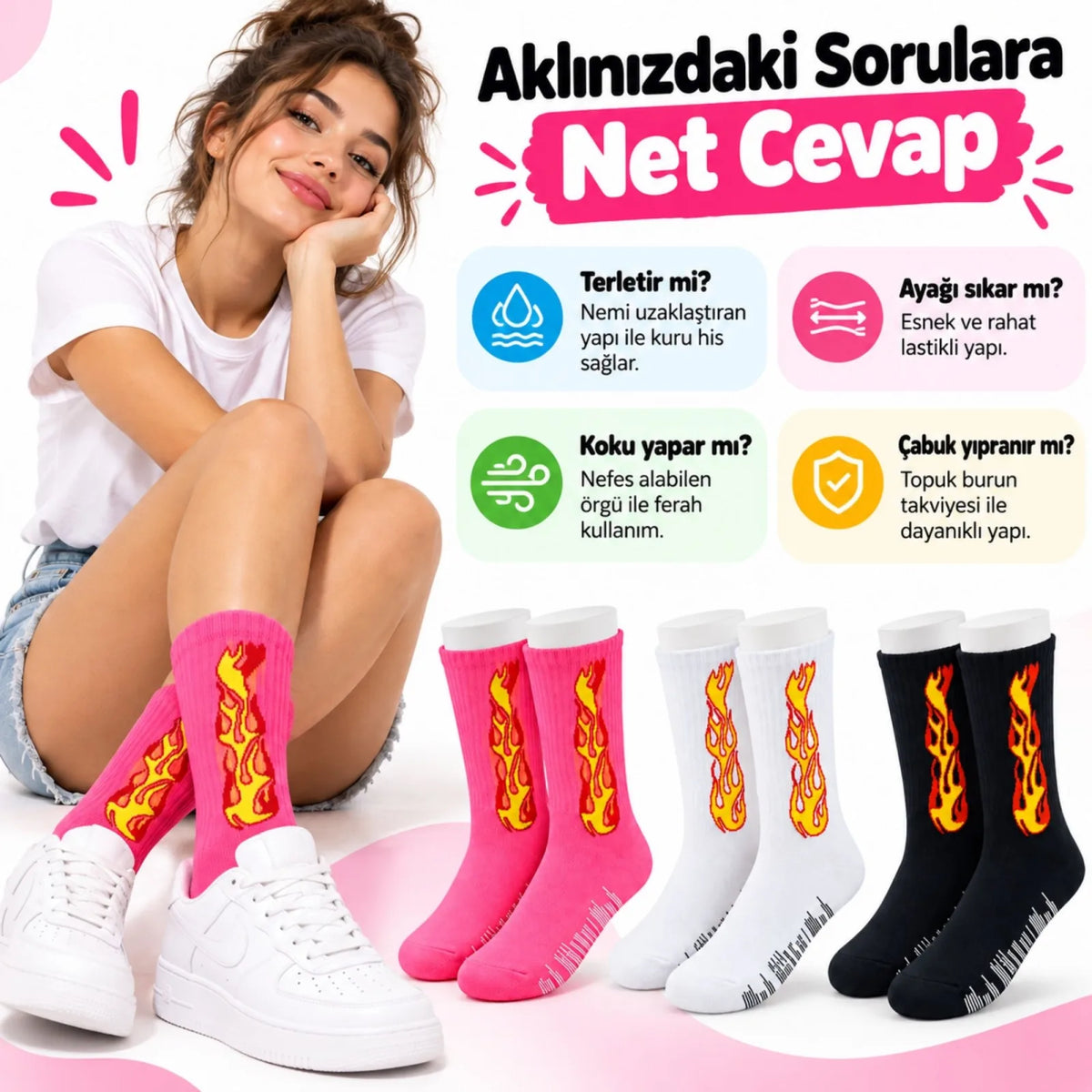 Unisex Alev Desenli Çorap 3'lü Set Pamuklu Uzun Soket Dikişsiz Nefes Alan Günlük Spor Çorabı Yumuşak