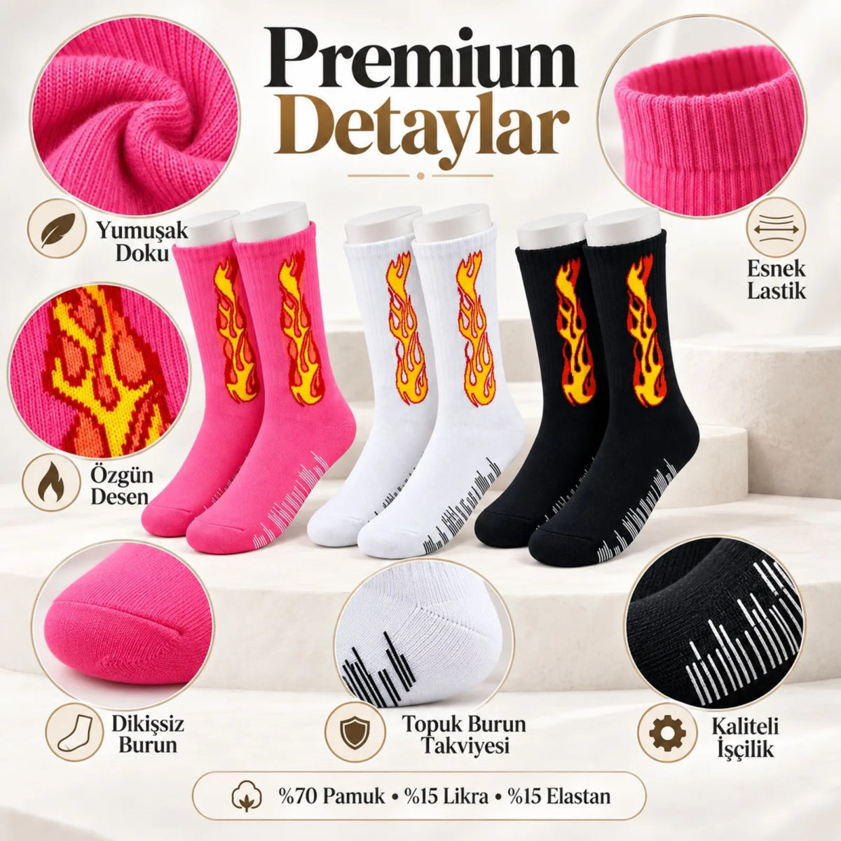 Unisex Alev Desenli Çorap 6'lı Set Pamuklu Uzun Soket Dikişsiz Nefes Alan Günlük Spor Çorabı Yumuşak