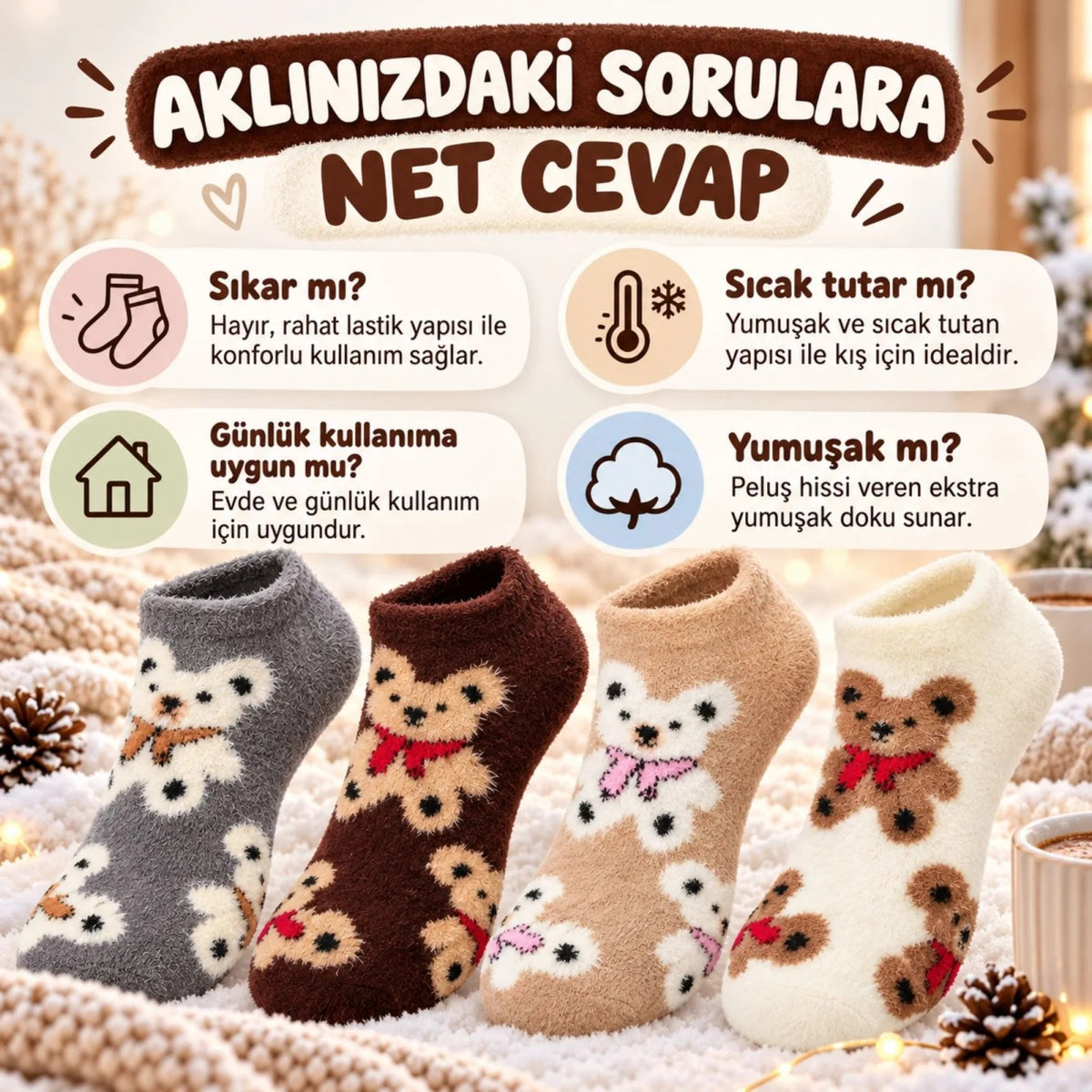 Kadın Ayıcık Desenli Yumoş Patik Çorap 8'li Set Peluş Yumuşak Sıcak Parfümlü Kışlık Rahat Çorap Seti