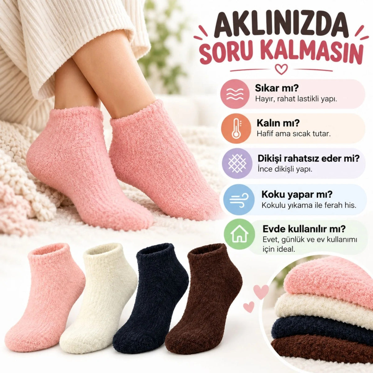 Kadın Yumoş Patik Çorap 8'li Set Peluş Sıcak Tutan Kışlık Ev Çorabı Yumuşak Rahat 4 Renk Hediye Seti