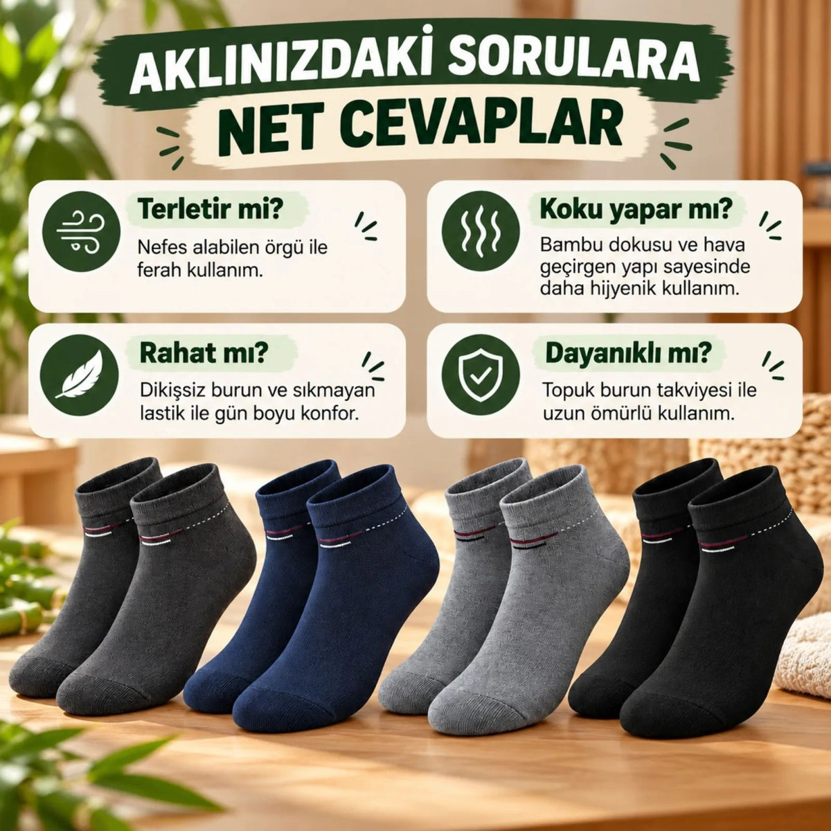 Erkek Bambu Patik Çorap 8'li Set Yumuşak Dikişsiz Nefes Alan Sıkmayan Lastikli Günlük Rahat Çorap