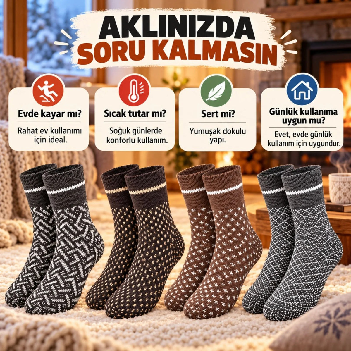 Erkek Kışlık Desenli Çorap 4'lü Seti Sıcak Tutan Yumuşak Rahat Günlük Renkli Uzun Soket Çorap Paketi