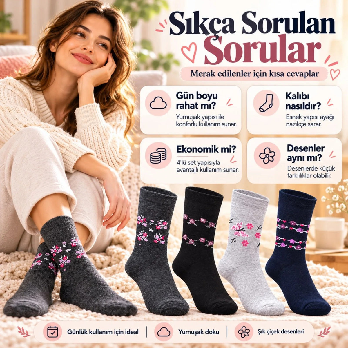 Kadın Ekonomik Çiçek Desenli Soket Çorap 12'li Set | Karışık Renkli Günlük Bayan Çorabı 12 Çift Seti