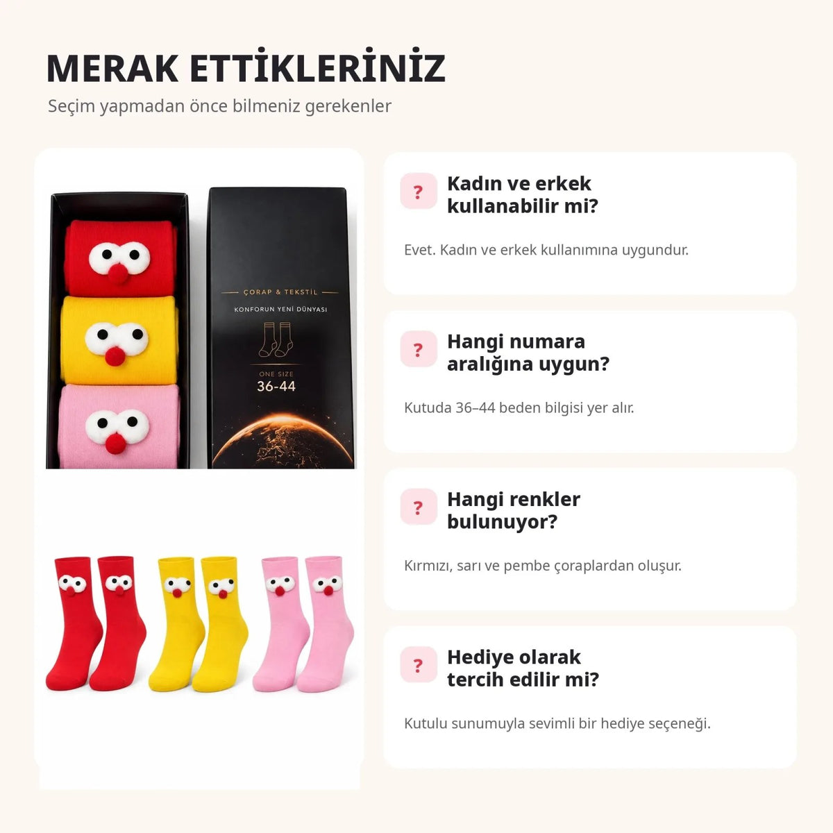 Kutulu 3D Gözlü Ponponlu Soket Çorap 6'lı Set | Kırmızı Sarı Pembe Renkli Eğlenceli Hediyelik Çorap!