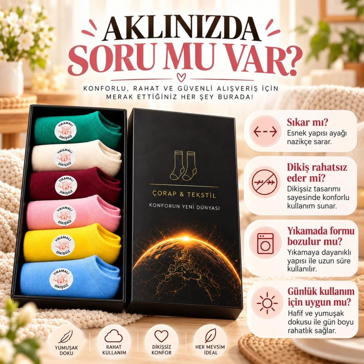 Kadın Dikişsiz Patik Çorap 6'lı Kutulu Seti | Renkli Yıkamalı Günlük Sneaker Çorabı Hediyelik Paketi