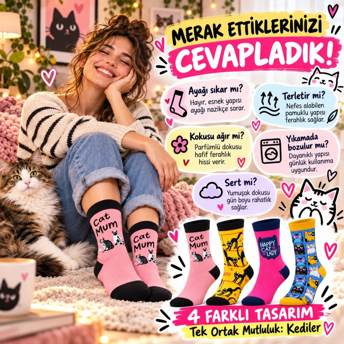 Unisex Kedi Desenli Soket Çorap 4'lü Set | Renkli Eğlenceli Cat Mum Happy Cat Lady Günlük Çorap Seti