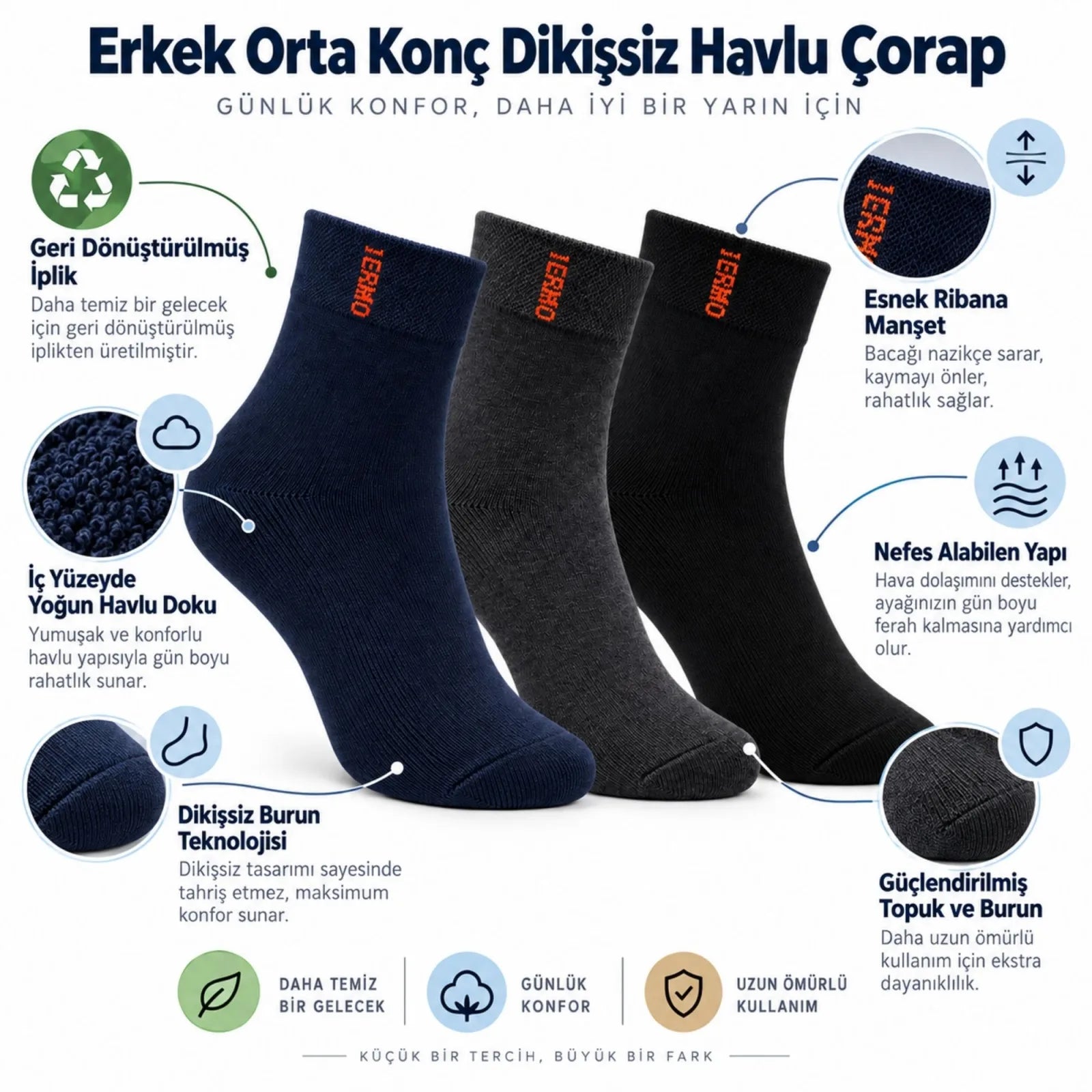 Erkek Çorap Dikişsiz 3'lü Havlu  | Orta Konç, Sıcak Tutan, Yumuşak ve Dayanıklı