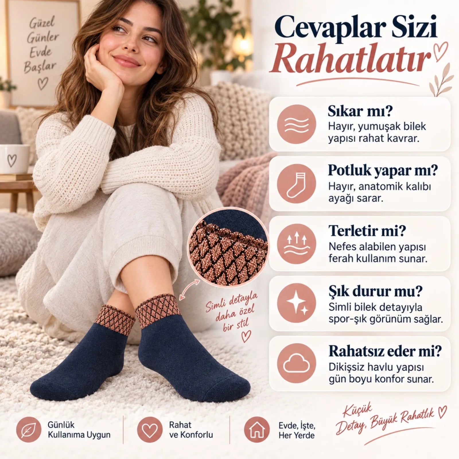 Kadın Simli 3'lü Bilek Patik Çorap – Dikişsiz Havlu Yapı, Yumuşak Dokulu, Şık ve Konforlu Günlük Çorap