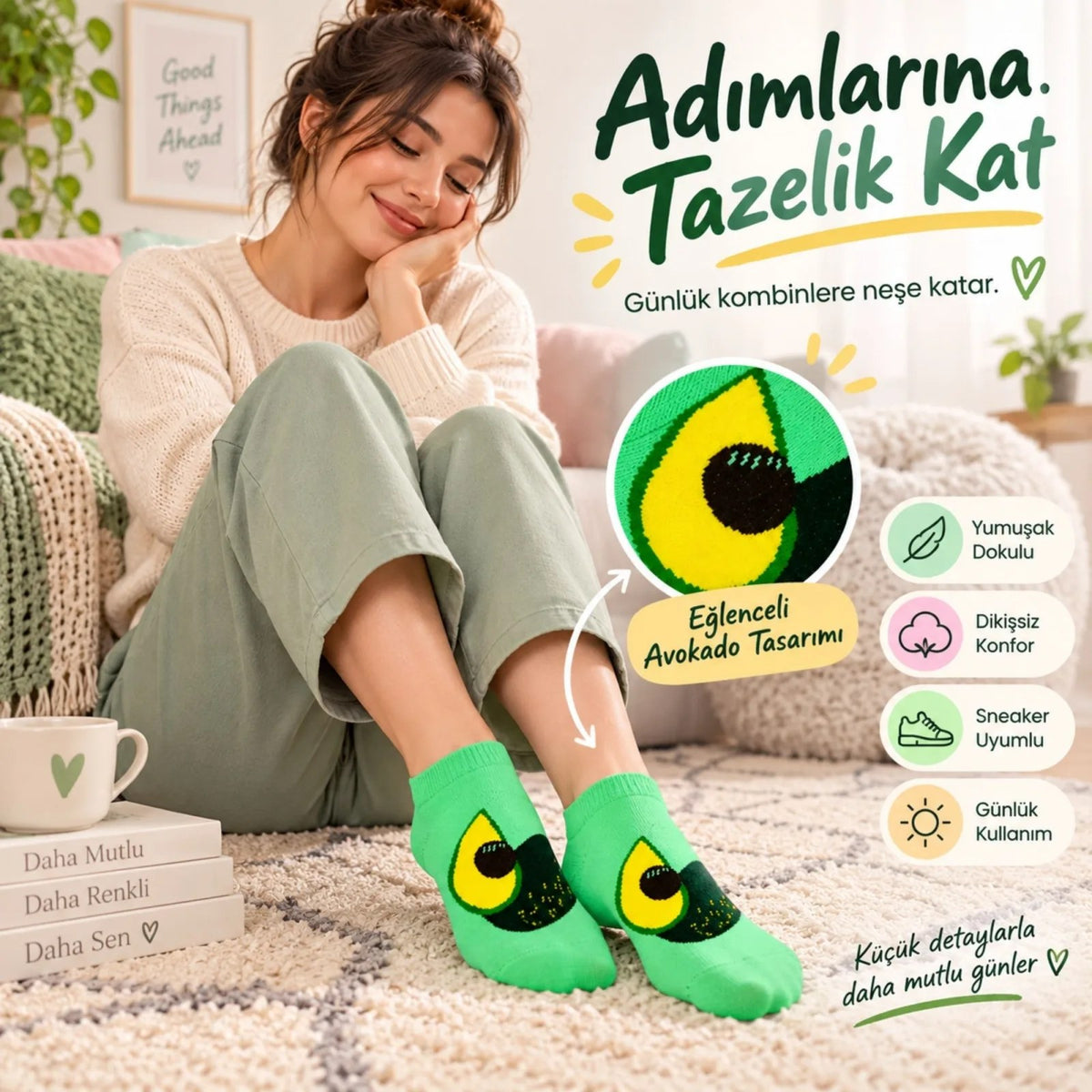 Kadın Avokado 6'lı Desenli Patik Çorap Pamuklu Dikişsiz Sneaker Uyumlu Eğlenceli Günlük Çorap Seti