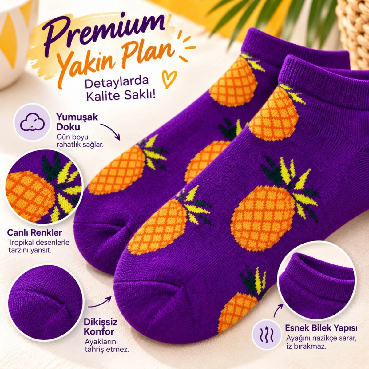 Kadın Mor Ananas Desenli Patik Çorap 6'lı Paket | Renkli, Rahat ve Günlük Kısa Çorap Seti