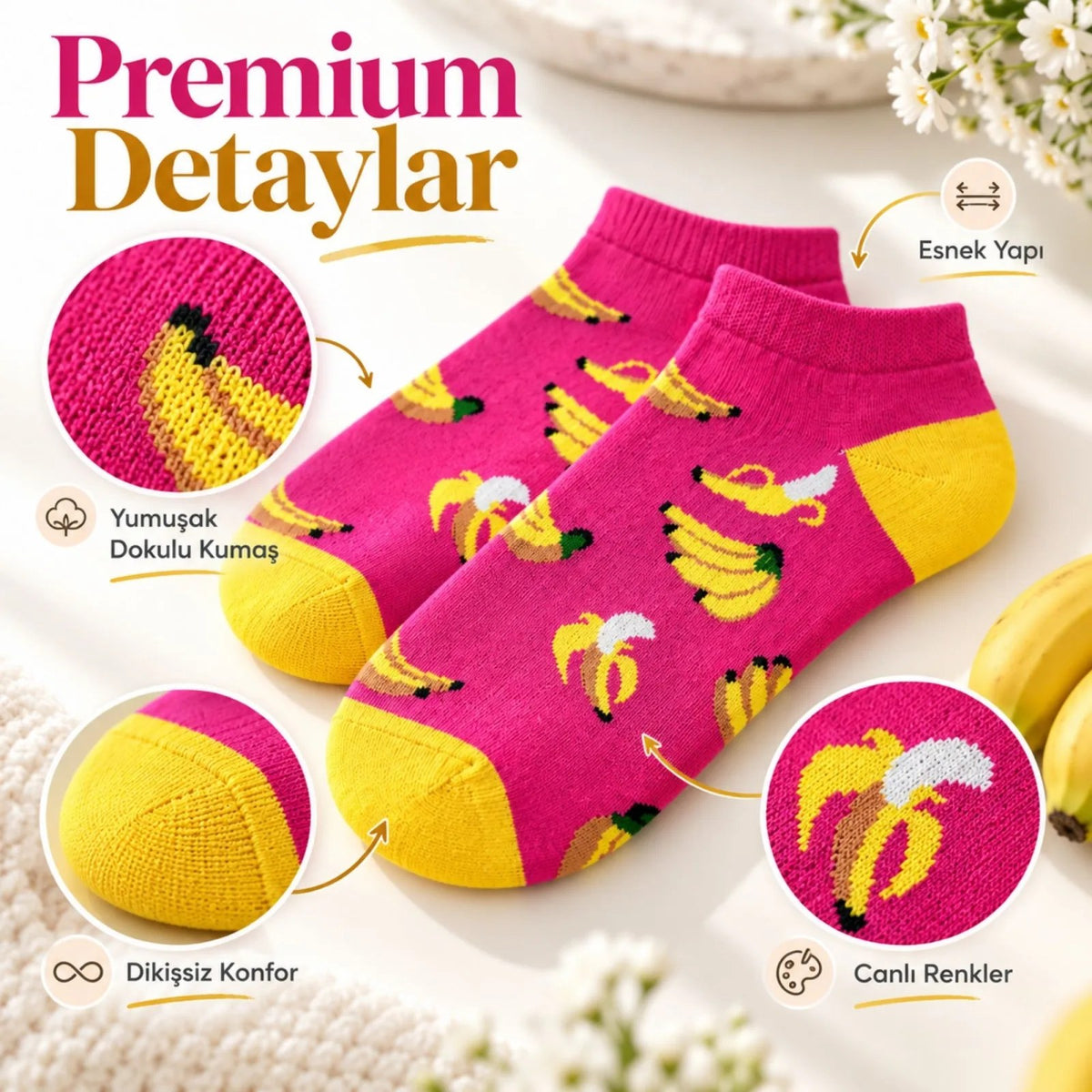 Kadın Pembe Muz Desenli Patik Çorap 12'li Paket | Renkli, Rahat, Esnek Günlük Çorap Seti
