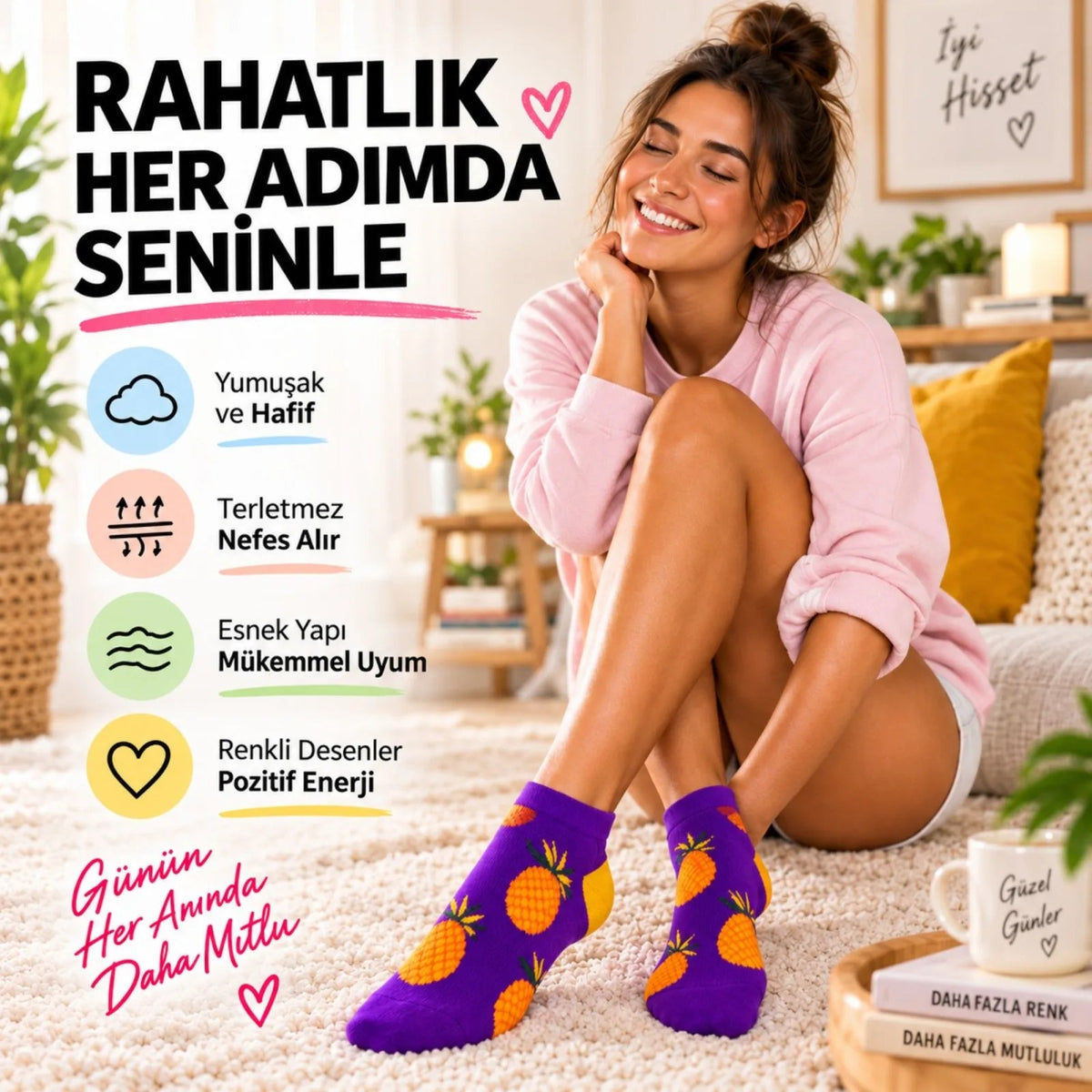 Meyve Desenli 5'li Bayan Patik Çorap Seti 36-40 | Premium Kutulu, Dikişsiz Pamuklu Hediye Çorap