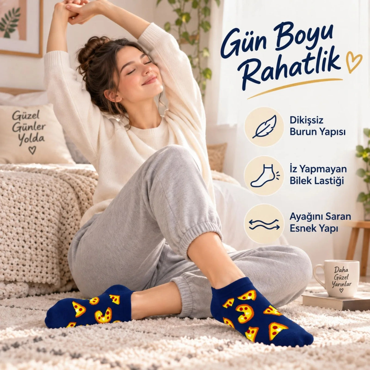 Pizza Desenli 3'lü Lacivert Patik Çorap Unisex Kısa Sneaker Günlük Çorap Seti Avantajlı Paket Rahat!