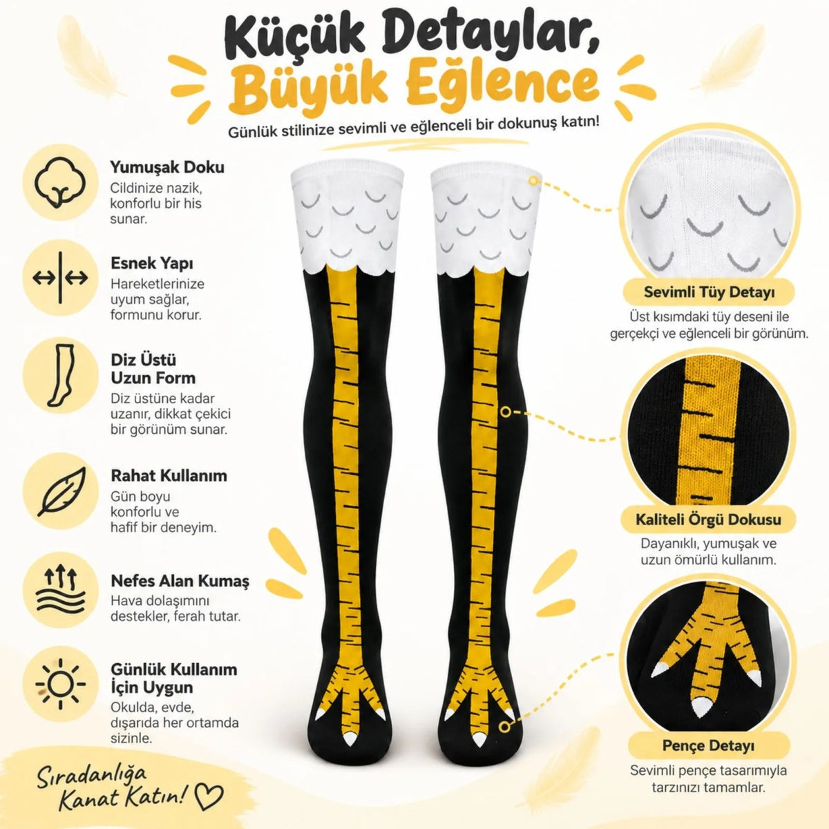 Kadın Diz Üstü Tavuk Ayağı 3'lü Desenli Çorap Siyah Sarı Uzun Eğlenceli Kostüm Parti Günlük Çorabı Modeli