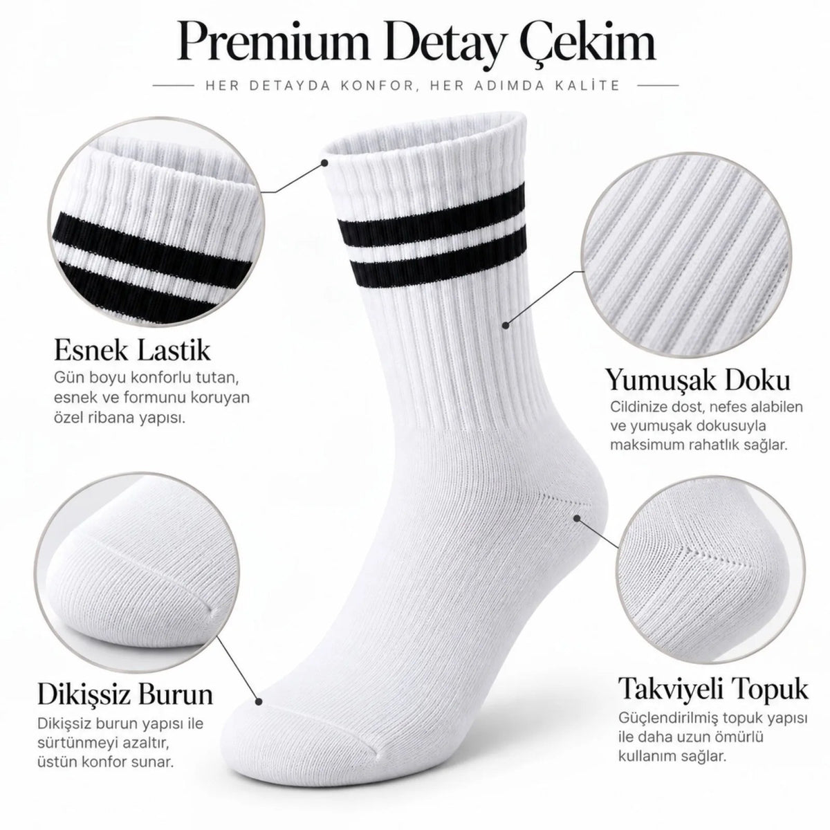 Unisex Beyaz Çorap Siyah Çizgili 3'lü Set Uzun Soket Günlük Spor Kolej Stil Rahat Kadın Erkek Çorabı