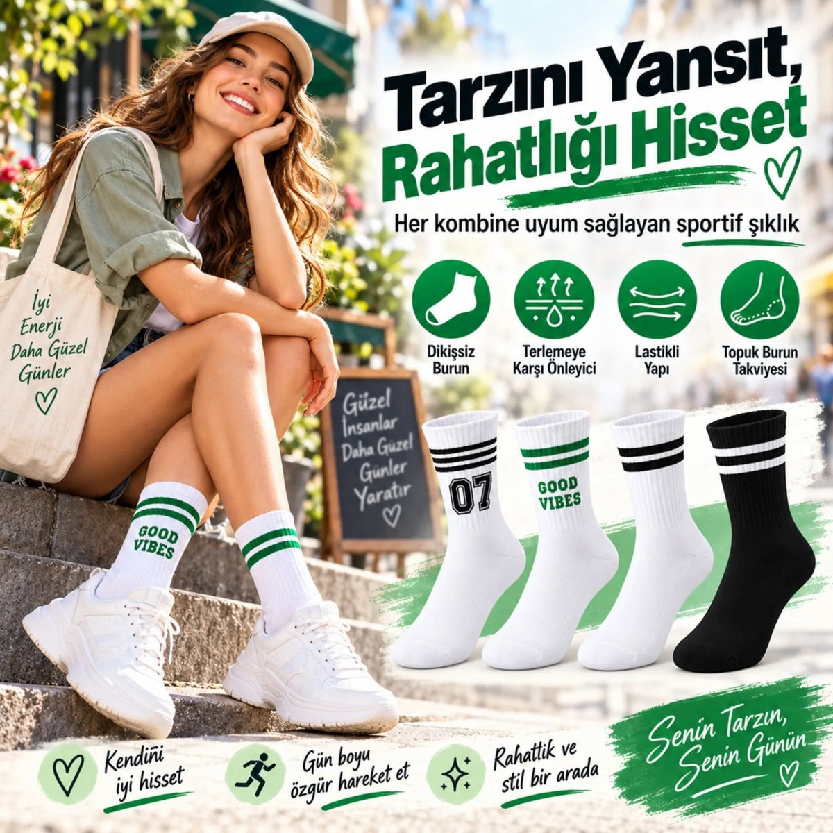 Unisex Çorap Çizgili 4'lü Set 07 Good Vibes Baskılı Siyah Beyaz Uzun Soket Spor Kolej Stil Rahat Şık