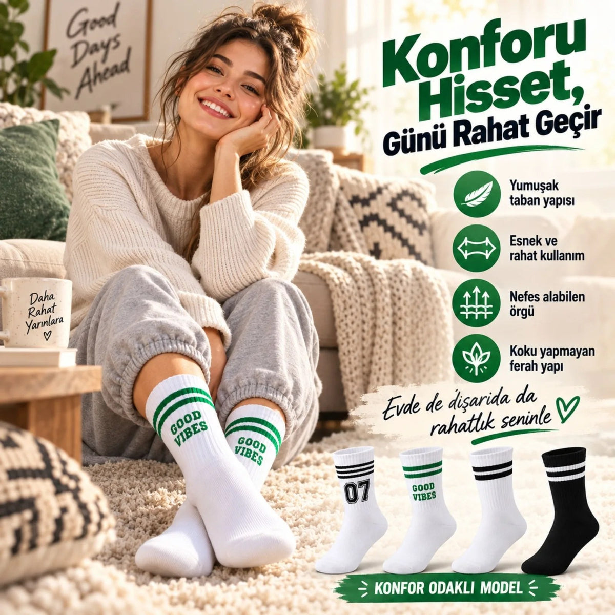 Unisex Çorap Çizgili 8'li Set 07 Good Vibes Baskılı Siyah Beyaz Uzun Soket Spor Kolej Stil Çorap