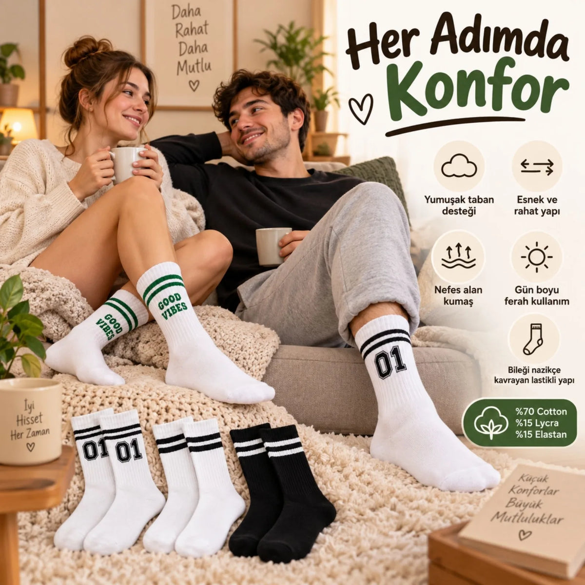 Unisex Çorap Çizgili 8'li Set 07 Good Vibes Baskılı Siyah Beyaz Uzun Soket Spor Kolej Stil Çorap