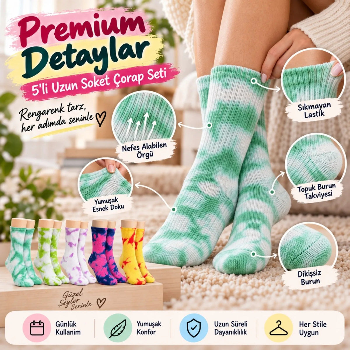 Unisex Batik Desenli Çorap 10'lu Set Renkli Pamuklu Uzun Soket Dikişsiz Nefes Alan Günlük Spor Çorabı