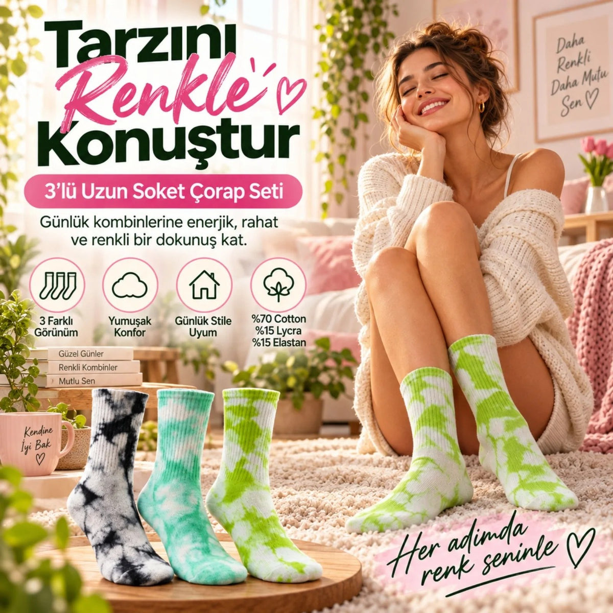 Unisex Batik Desenli Çorap 6'lı Set Renkli Pamuklu Uzun Soket Dikişsiz Nefes Alan Günlük Spor Çorabı