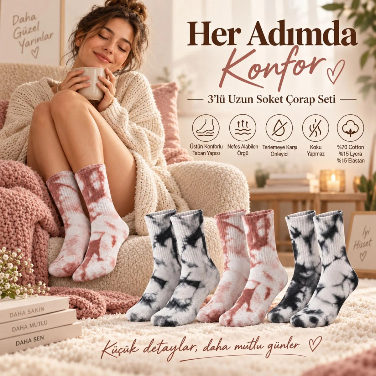 Unisex Batik Desenli Çorap 3'lü Set Pamuklu Uzun Soket Günlük Spor Nefes Alan Dikişsiz
