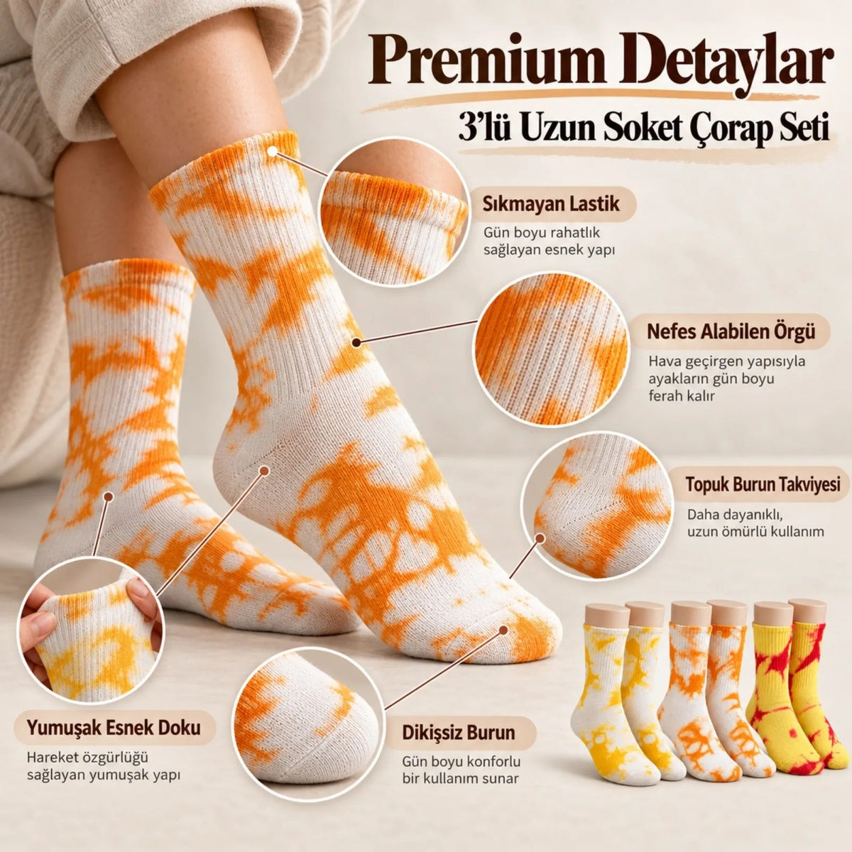 Unisex Batik Desenli Çorap 3'lü Set Pamuklu Renkli Uzun Soket Dikişsiz Nefes Alan Günlük Spor Çorabı