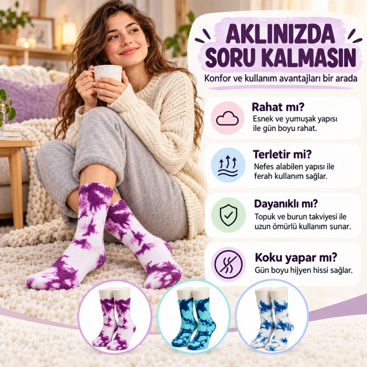 Unisex Batik Desenli Çorap 3'lü Set Pamuklu Renkli Uzun Soket Dikişsiz Nefes Alan Spor Çorabı Günlük
