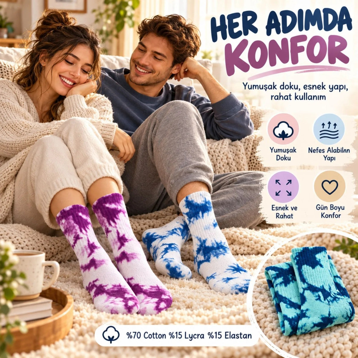 Unisex Batik Desenli Çorap 6'Lı Set Pamuklu Renkli Uzun Soket Dikişsiz Nefes Alan Spor Çorabı Günlük