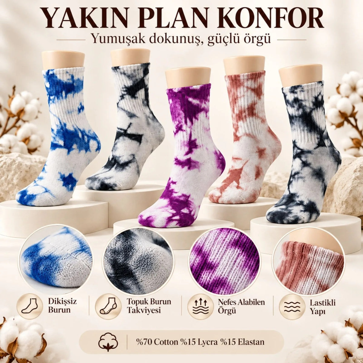 Unisex Batik Desenli Çorap 10'lu Set Pamuklu Renkli Uzun Soket Dikişsiz Nefes Alan Günlük Spor Çorabı