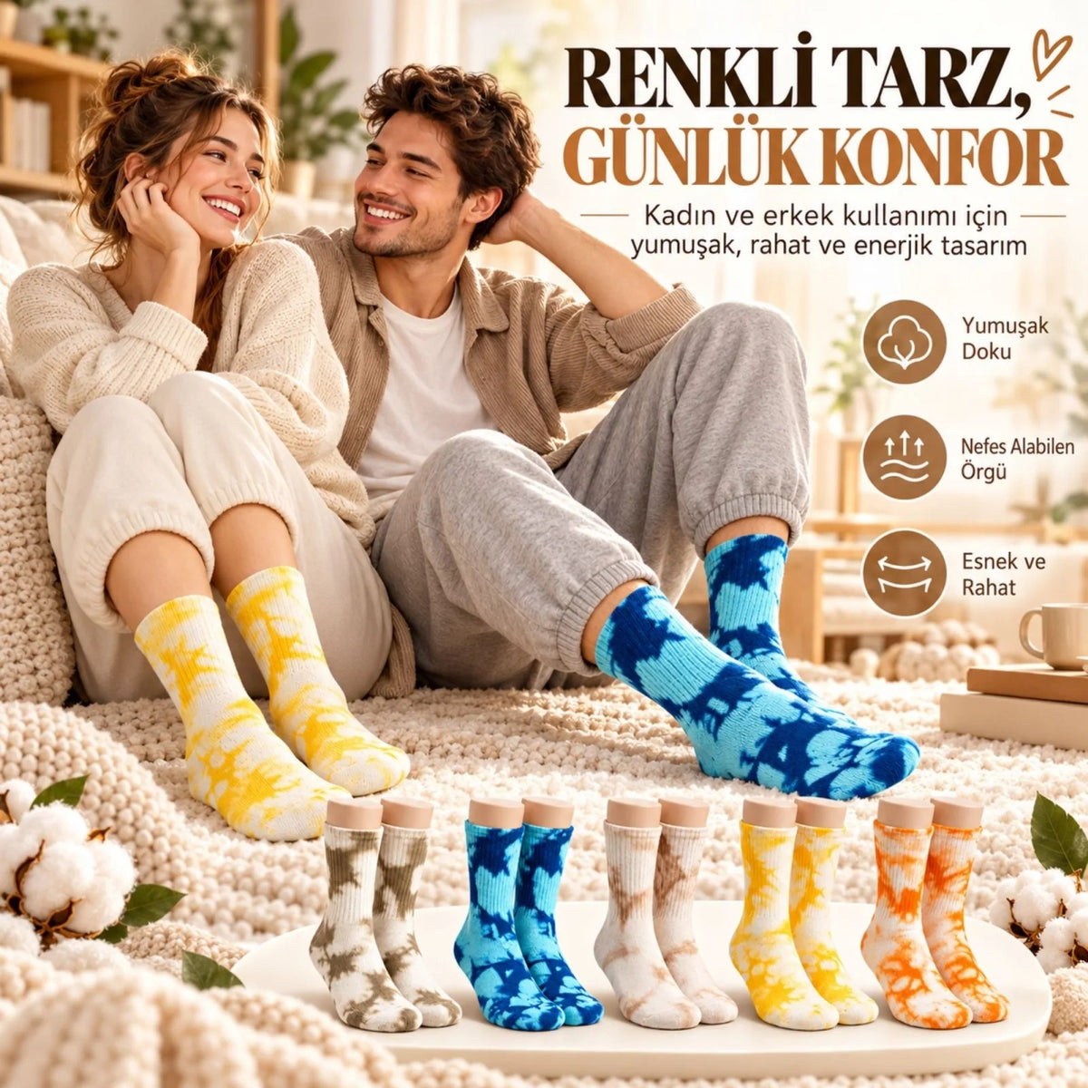 Unisex Batik Desenli Çorap 10'lu Set Pamuklu Renkli Uzun Soket Dikişsiz Nefes Alan Günlük Spor Çorabı
