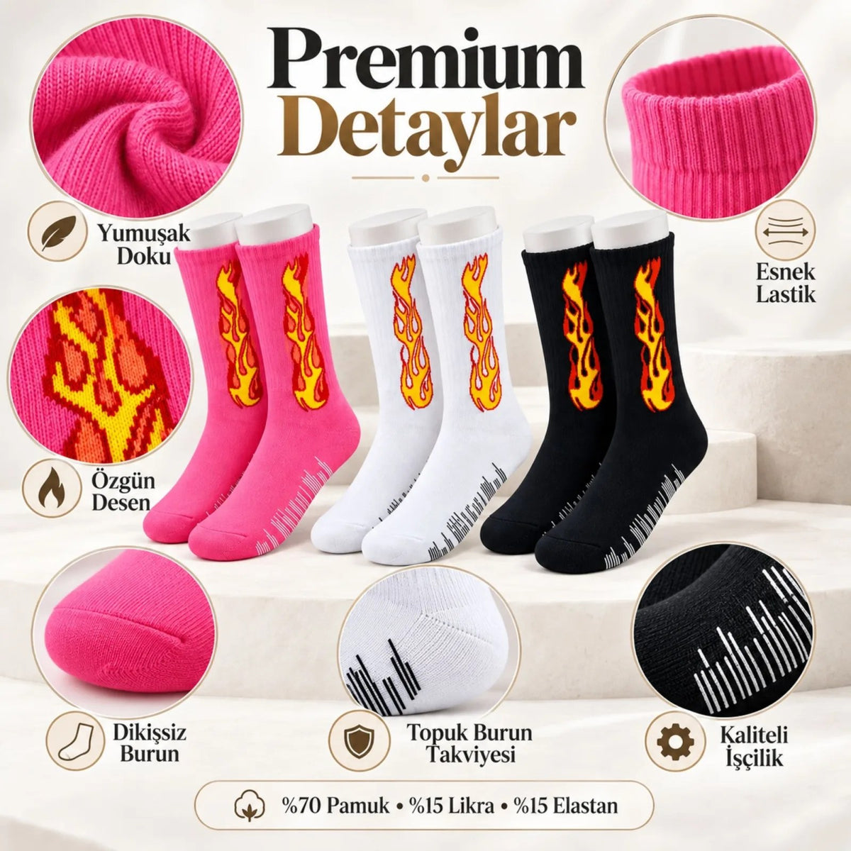Unisex Alev Desenli Çorap 3'lü Set Pamuklu Uzun Soket Dikişsiz Nefes Alan Günlük Spor Çorabı Yumuşak