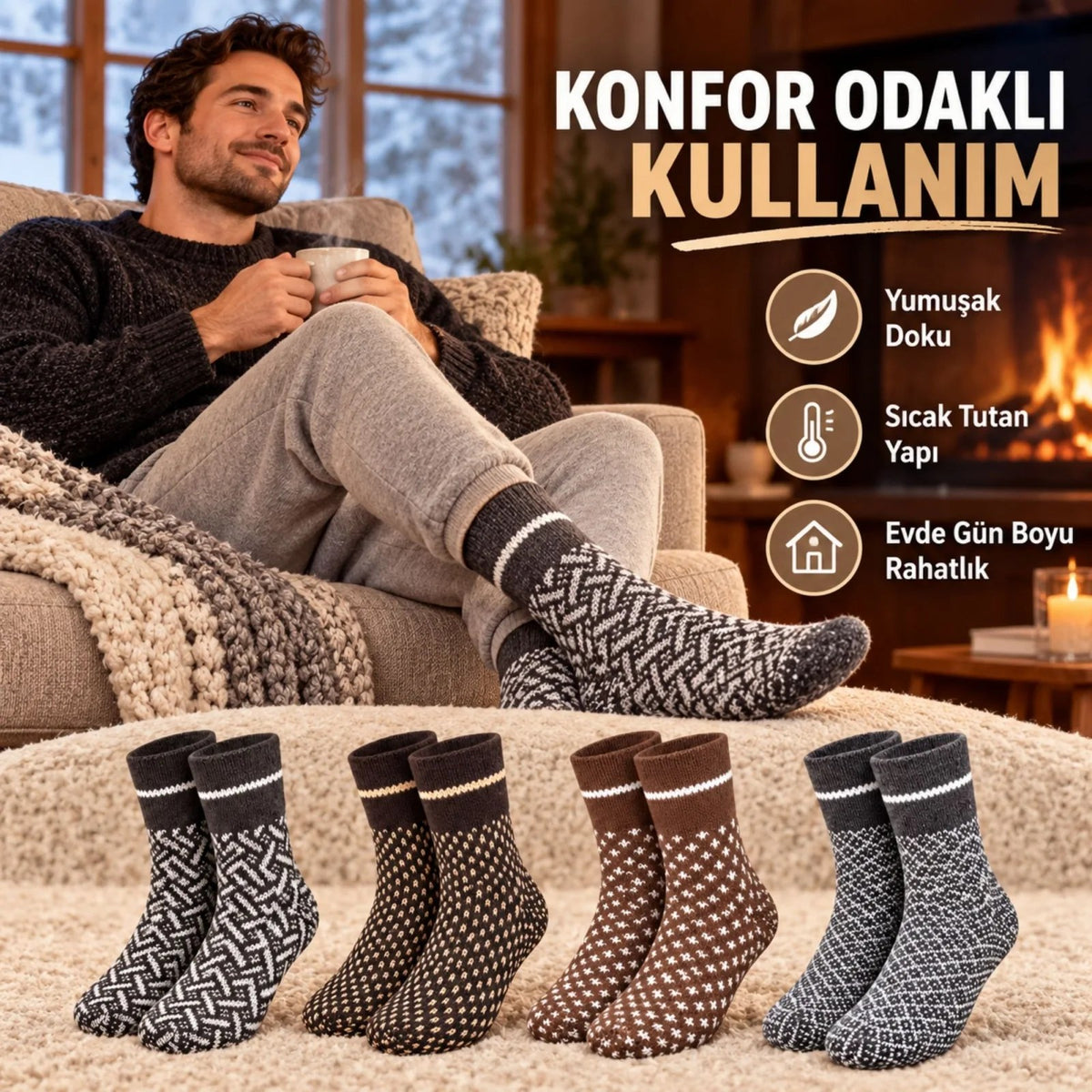 Erkek Kışlık Desenli Çorap 8'li Seti Sıcak Tutan Yumuşak Rahat Günlük Renkli Kısa Konç Çorap Paketi