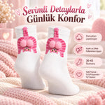 Kadın 2'li Kedi Desenli Ponponlu Soket Çorap Seti | Pembe Turuncu 3D Figürlü Sevimli Çorap Modelleri