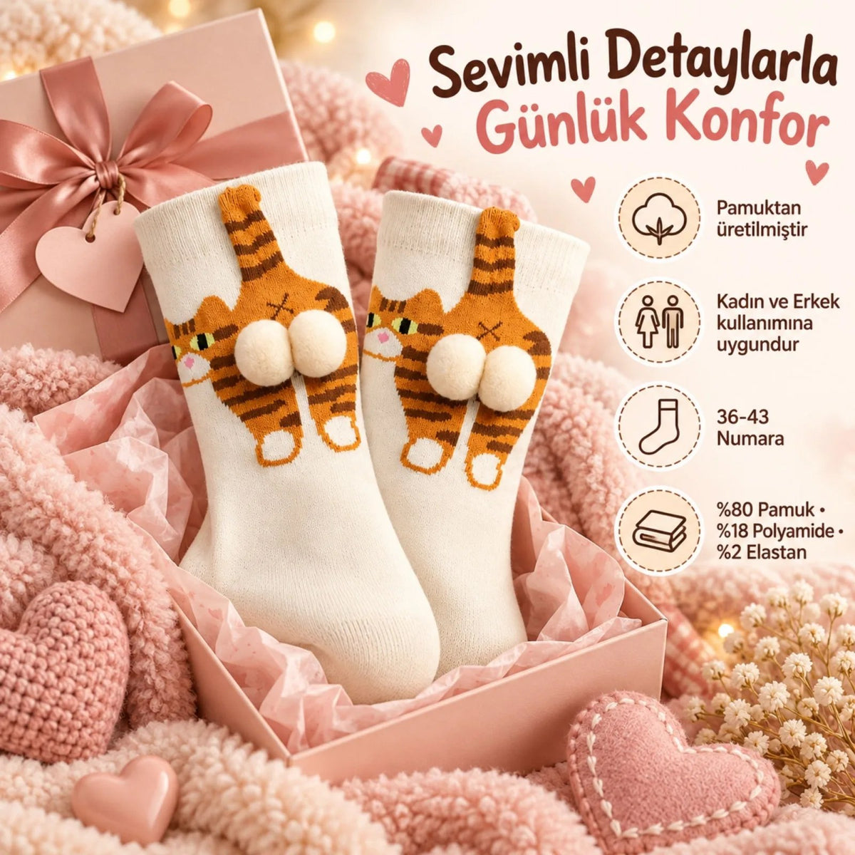 Kadın 4'lü Kedi Desenli 3D Ponponlu Soket Çorap Seti | Pembe Turuncu Tekir Kedi Figürlü Neşeli Çorap