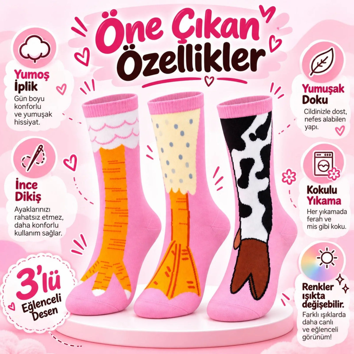 Kadın 3'lü Pembe Figürlü Soket Çorap Seti | Sevimli İnek Desenli ve Renkli Eğlenceli Günlük Çoraplar