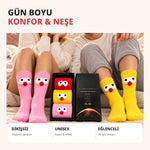 Kutulu 3D Gözlü Ponponlu Soket Çorap 6'lı Set | Kırmızı Sarı Pembe Renkli Eğlenceli Hediyelik Çorap!