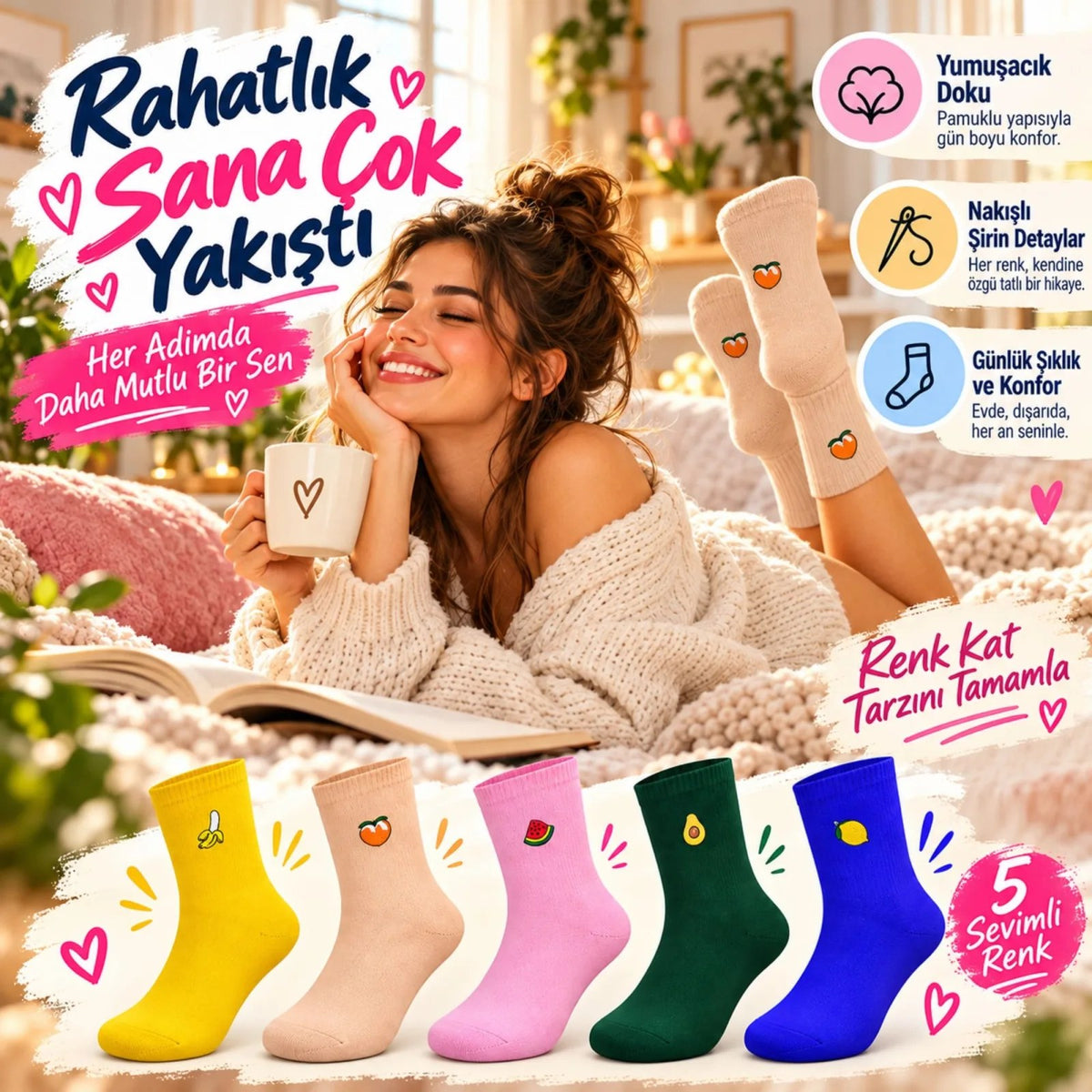 Kadın Meyve Nakışlı Soket Çorap 10'lu Set | Renkli Muz Karpuz Avokado Limon Desenli Şık Günlük Çorap