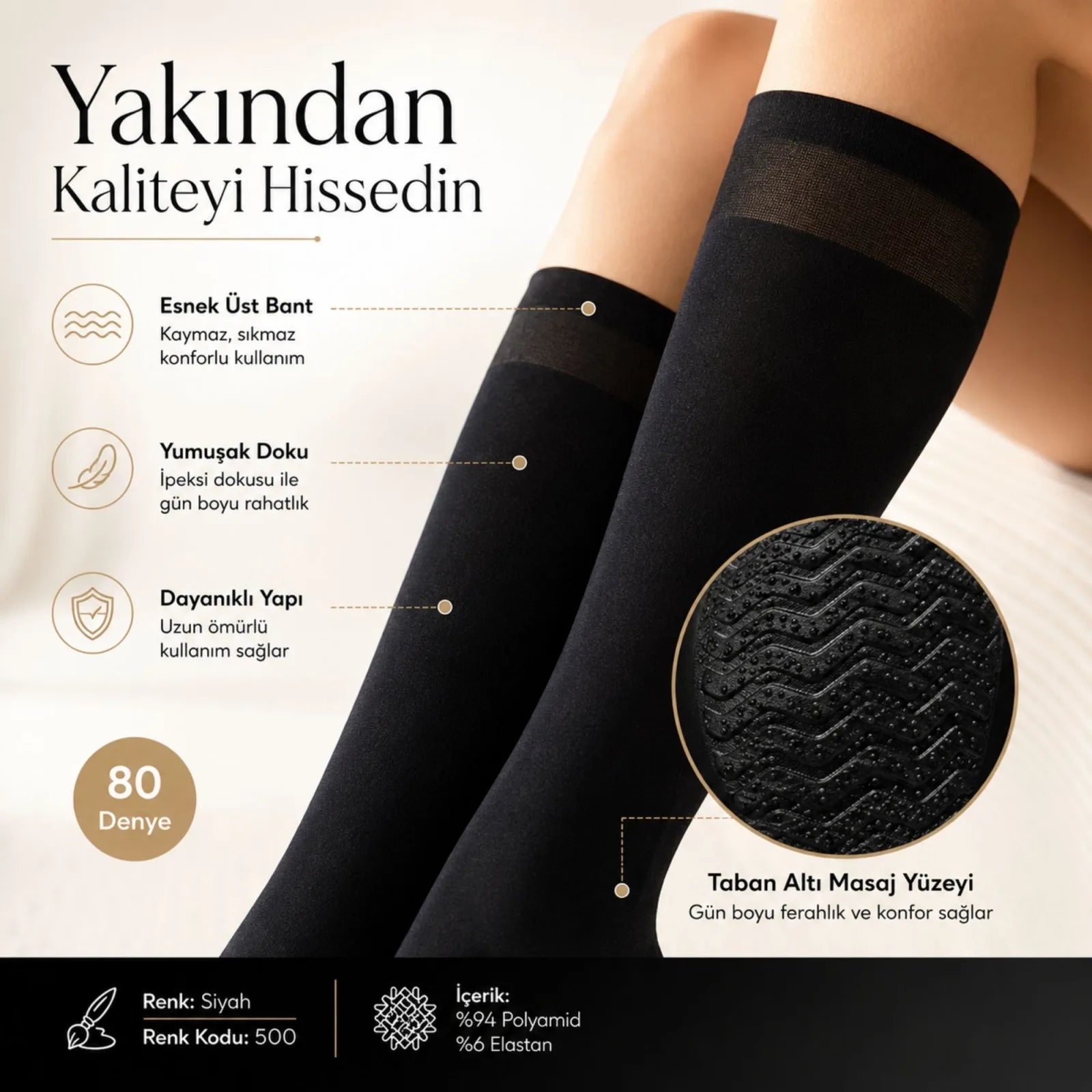 Kadın 4'lü Set Anne Masaj Tabanlı Dizaltı Çorap 80 Denye Esnek Rahat Günlük Kullanım