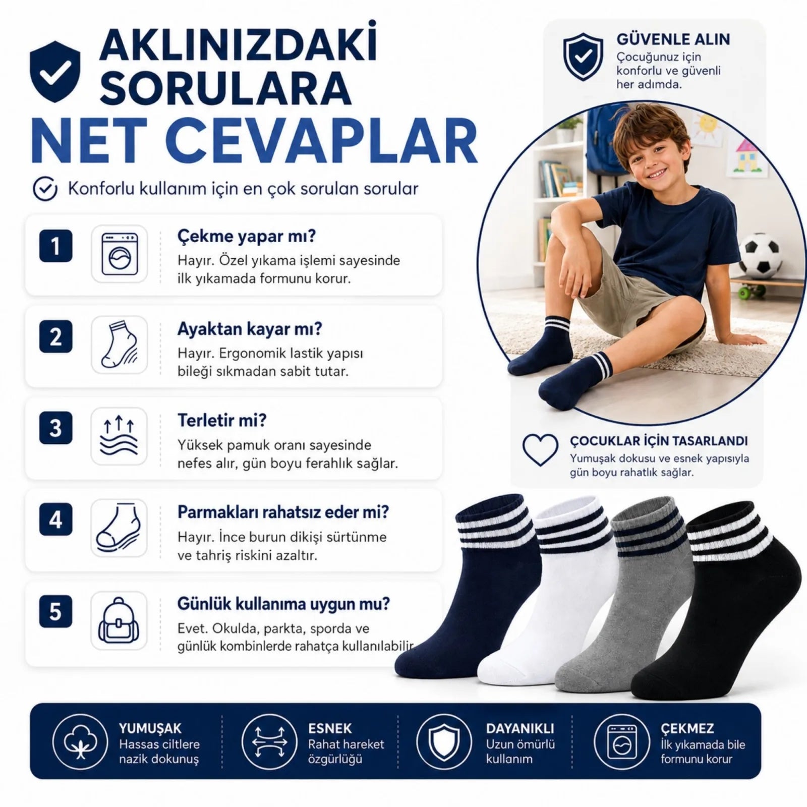Erkek Çocuk 4'lü Pamuklu Çizgili Patik Çorap Nefes Alan Esnek Günlük Spor Okul Çorabı Rahat ve Dayanıklı