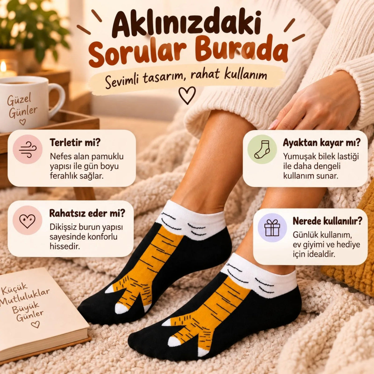 Kadın Tavuk Ayağı Desenli 3'lü Patik Çorap Dikişsiz Pamuklu Eğlenceli Sneaker Günlük Çorap