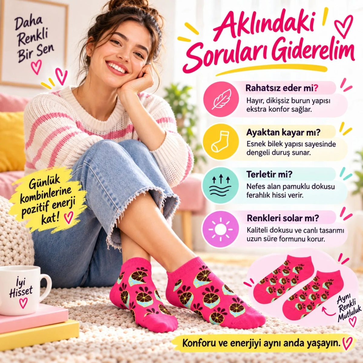 Kadın Fuşya Limon Desenli Patik Çorap 3'lü Paket | Renkli, Rahat ve Esnek Günlük Kısa Çorap