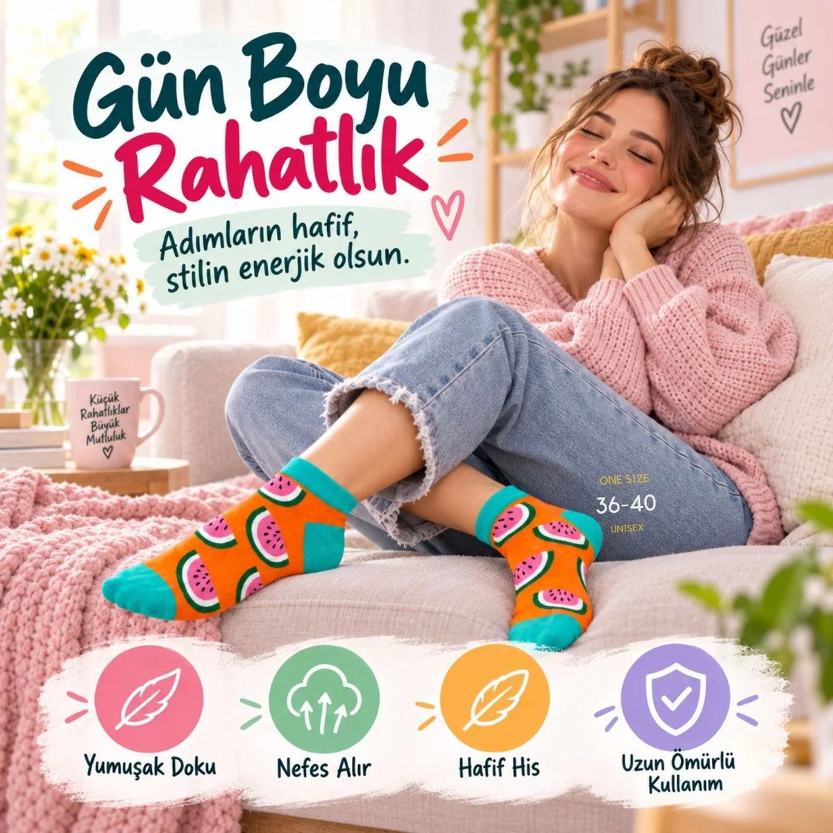 Kadın Turuncu Karpuz Desenli Patik Çorap 12'li Paket | Renkli, Rahat ve Esnek Günlük Kısa Çorap