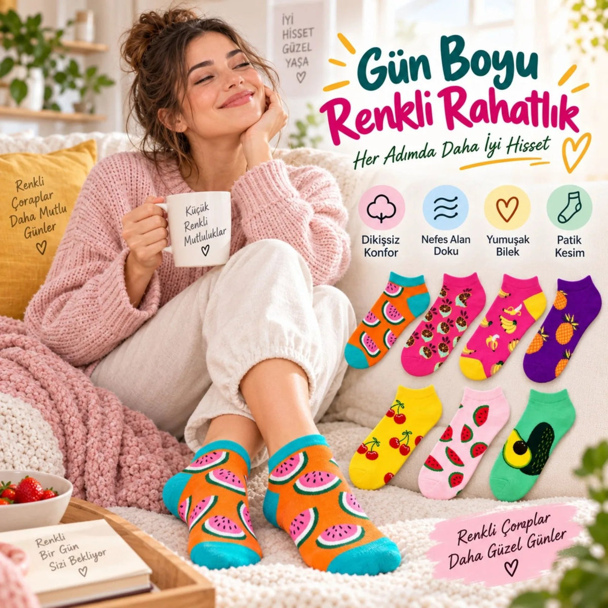 Kadın Meyve Desenli Patik Çorap 7'li Hediye Kutulu Set | Renkli, Rahat ve Esnek Günlük Çorap