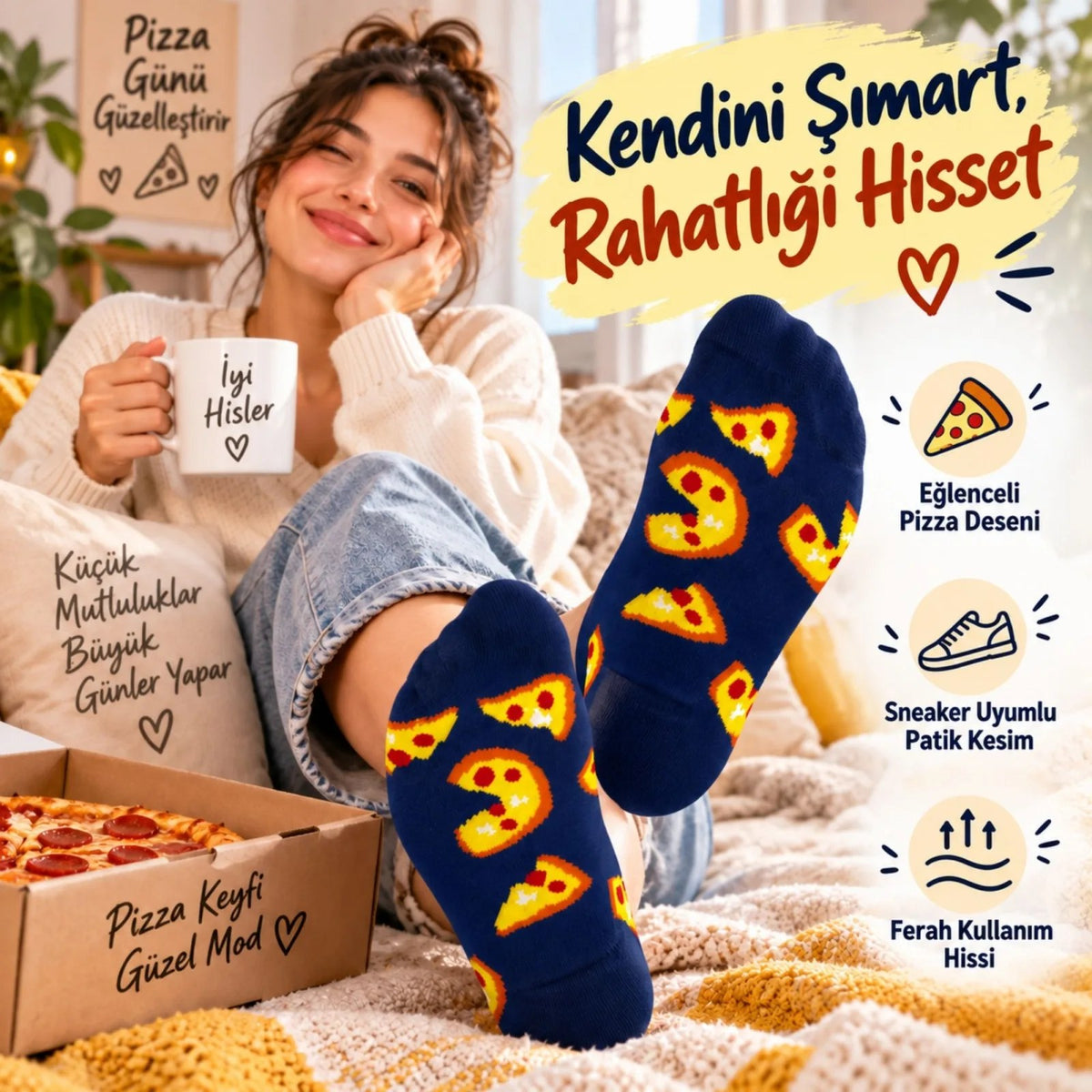 Pizza Desenli 3'lü Lacivert Patik Çorap Unisex Kısa Sneaker Günlük Çorap Seti Avantajlı Paket Rahat!