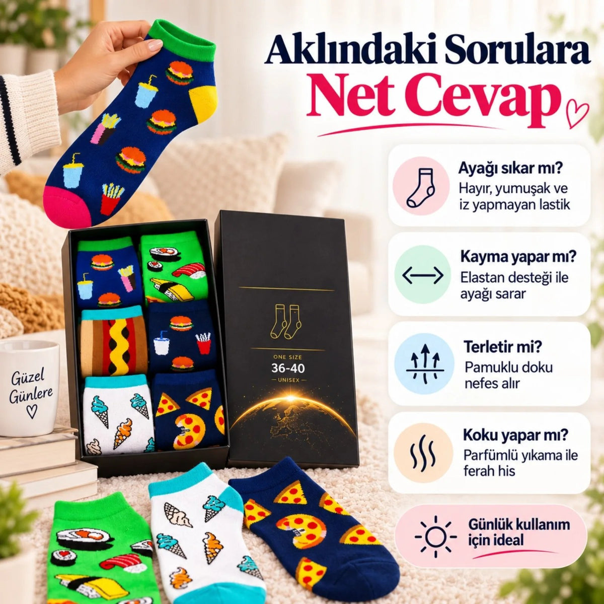 Kadın Patik Çorap Karışık Fast Food Desenli | Renkli Eğlenceli Günlük Kısa Bilek 6'lı Avantajlı Seti