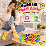 Kadın Çorap Civciv Desenli Renkli ve 5'li Set Uzun Soket Eğlenceli Günlük Kadın Çorabı 5 Farklı Renk