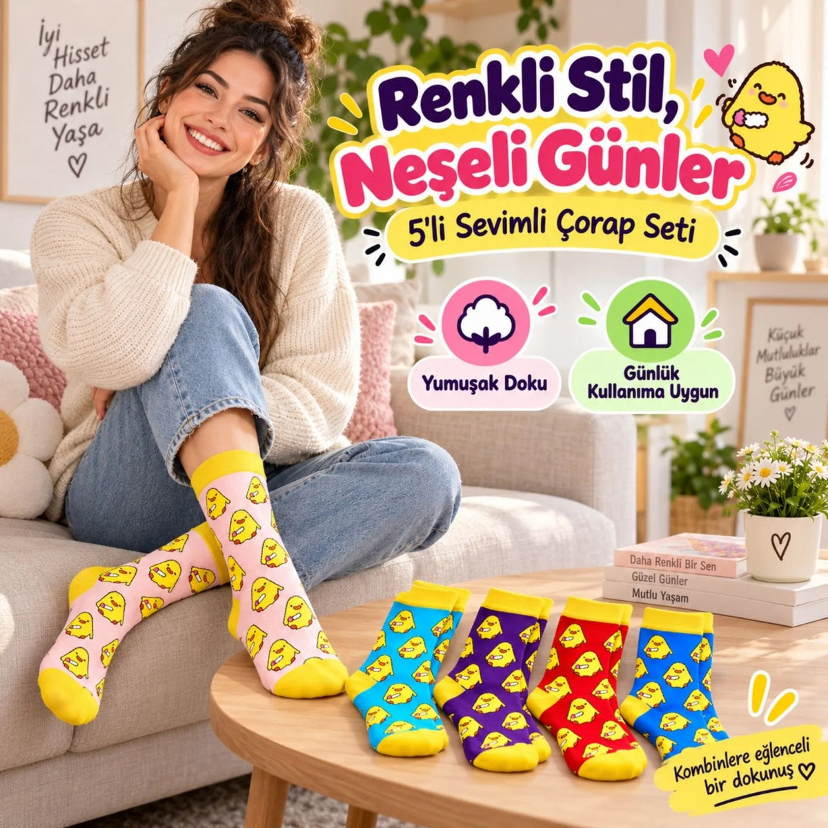 Kadın Çorap Civciv Desenli Renkli ve 5'li Set Uzun Soket Eğlenceli Günlük Kadın Çorabı 5 Farklı Renk