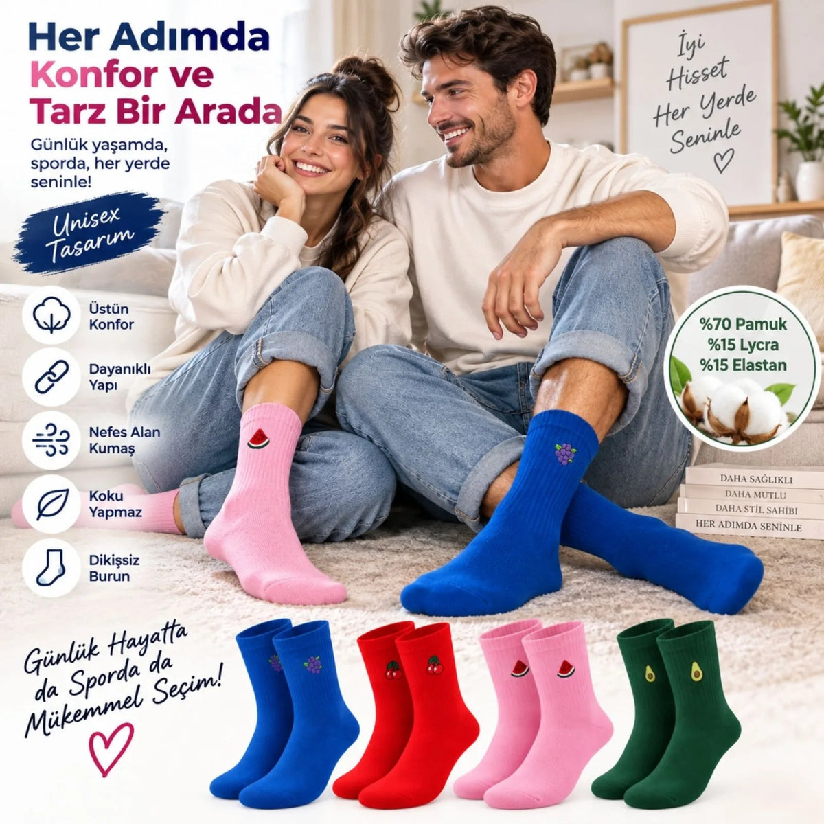 Kadın Çorap Meyve Nakışlı Renkli 8'li Set Üzüm Kiraz Karpuz Avokado Desenli Günlük Uzun Soket Çorabı