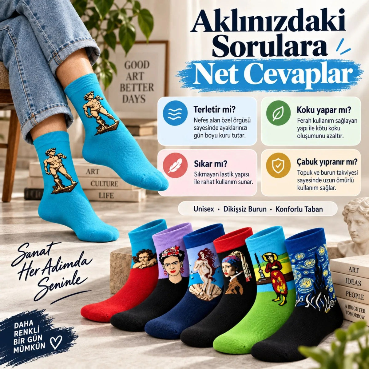 UNİSEX Çorap Sanat Temalı Renkli 7'li Set Portre Tablo Desenli Uzun Soket Günlük Eğlenceli Çorap Şık